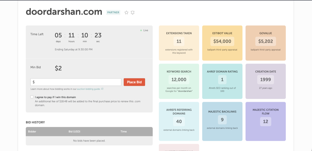 doordarshan.com Namecheap auction listing showing $2 minimum bid, $54,000 EstiBot valuation, 12,000 monthly keyword searches, creation date 1999, and zero bids placed